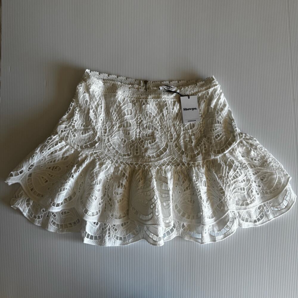 Showpo Kiss Me Softly White Lace Ruffle Mini Skirt US 12 NWT Coquette Boho Fairy - Picture 10 of 16
